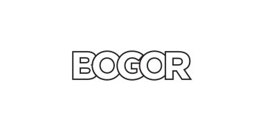 Baskı ve ağ için Endonezya ambleminde Bogor. Tasarım, modern yazı tipinde cesur tipografiye sahip geometrik stil, vektör illüstrasyonuna sahiptir. Beyaz arkaplanda izole edilmiş grafiksel slogan harfleri.