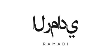 Irak ambleminde Ramadi 'nin parmak izi ve interneti. Tasarım, modern yazı tipinde cesur tipografiye sahip geometrik stil, vektör illüstrasyonuna sahiptir. Beyaz arkaplanda izole edilmiş grafiksel slogan harfleri.