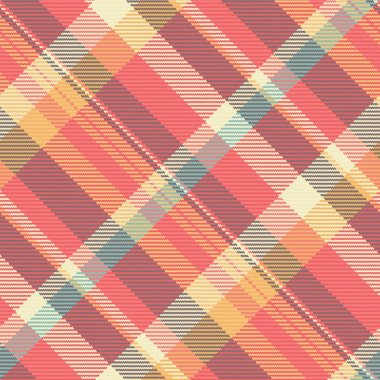 Cinsel doku kontrolü, okul kumaşı tekstil vektörü. Sonsuz ekose desenli tartan kırmızı ve pastel renkli..