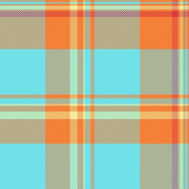 Web sitesi vektör ekoseli, terzi tartan özgeçmiş kontrolü. Cyan ve turuncu renkli ikon desenli kumaş dokusu.