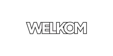 Welkom Güney Afrika ambleminde baskı ve ağ için. Tasarım, modern yazı tipinde cesur tipografiye sahip geometrik stil, vektör illüstrasyonuna sahiptir. Beyaz arkaplanda izole edilmiş grafiksel slogan harfleri.
