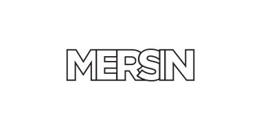 Mersin in the Turkey amblem for print and web. Tasarım, modern yazı tipinde cesur tipografiye sahip geometrik stil, vektör illüstrasyonuna sahiptir. Beyaz arkaplanda izole edilmiş grafiksel slogan harfleri.
