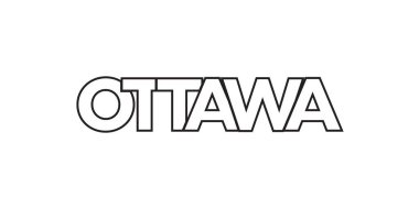 Ottawa, Kanada ambleminde baskı ve web için kullanılır. Tasarım, modern yazı tipinde cesur tipografiye sahip geometrik stil, vektör illüstrasyonuna sahiptir. Beyaz arkaplanda izole edilmiş grafiksel slogan harfleri.