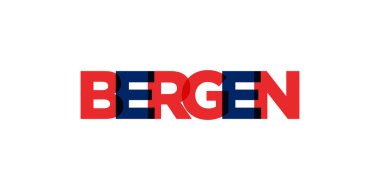 Norveç ambleminde parmak izi ve ağ için Bergen. Tasarım, modern yazı tipinde cesur tipografiye sahip geometrik stil, vektör illüstrasyonuna sahiptir. Beyaz arkaplanda izole edilmiş grafiksel slogan harfleri.