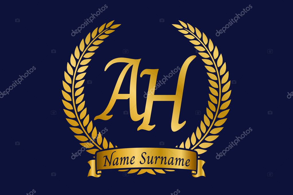 Initial letter A and H, AH monogram logo design with laurel wreath. Luxury golden emblem with calligraphy font.