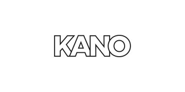 Nijerya ambleminde baskı ve ağ için Kano. Tasarım, modern yazı tipinde cesur tipografiye sahip geometrik stil, vektör illüstrasyonuna sahiptir. Beyaz arkaplanda izole edilmiş grafiksel slogan harfleri.