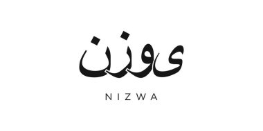 Umman ambleminde Nizwa 'nın parmak izi ve ağı. Tasarım, modern yazı tipinde cesur tipografiye sahip geometrik stil, vektör illüstrasyonuna sahiptir. Beyaz arkaplanda izole edilmiş grafiksel slogan harfleri.