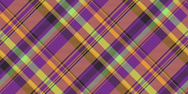 Soyunma desenli tekstil, okul desenli tartan pürüzsüz. Soyut ekose vektör arkaplan kumaşı mor ve turuncu renkte.