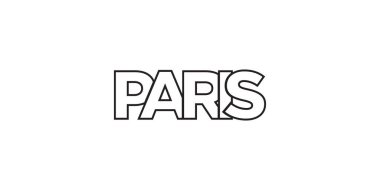 Fransa ambleminde baskı ve ağ için Paris. Tasarım, modern yazı tipinde cesur tipografiye sahip geometrik stil, vektör illüstrasyonuna sahiptir. Beyaz arkaplanda izole edilmiş grafiksel slogan harfleri.