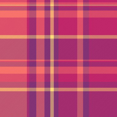 Ergen vektör kumaş tartan, kumaş ambalajlı ekose arka plan. Ticari doku deseni eflatun ve pembe renklerde pürüzsüz kontrol.