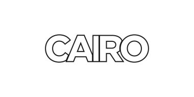 Mısır amblemindeki Kahire 'de baskı ve ağ var. Tasarım, modern yazı tipinde cesur tipografiye sahip geometrik stil, vektör illüstrasyonuna sahiptir. Beyaz arkaplanda izole edilmiş grafiksel slogan harfleri.