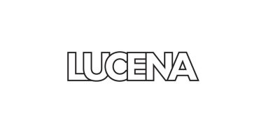 Lucena, Filipinler 'de basılı ve internetin amblemi. Tasarım, modern yazı tipinde cesur tipografiye sahip geometrik stil, vektör illüstrasyonuna sahiptir. Beyaz arkaplanda izole edilmiş grafiksel slogan harfleri.