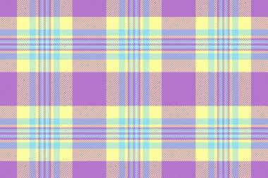 Kadın dokusu dikişsiz vektör, yol kumaşı tartan tekstili. Çoklu arkaplan ekoseli kontrol deseni mor ve sarı renkli.