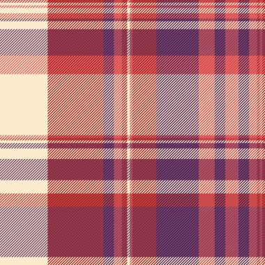 Davet çeki kumaş ekoseli, daire tekstil vektör geçmişi. Kırmızı ve morumsu renklerde kenarsız desenli tartan.