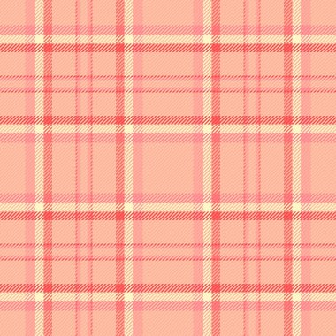 Tartan tartını kusursuz, pastel dokuma vektörü. Ekose kumaş desenini turuncu ve kırmızı renkte soldur.