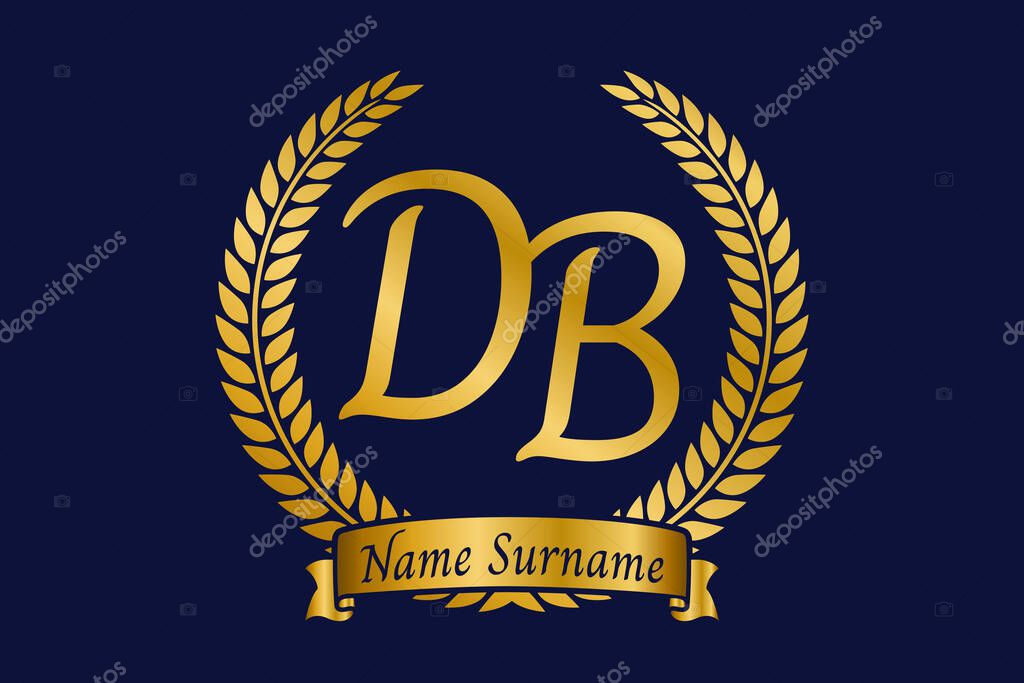 Initial letter D and B, DB monogram logo design with laurel wreath. Luxury golden emblem with calligraphy font.