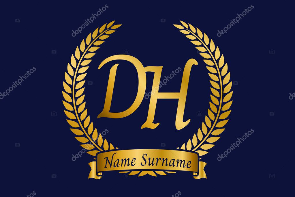 Initial letter D and H, DH monogram logo design with laurel wreath. Luxury golden emblem with calligraphy font.