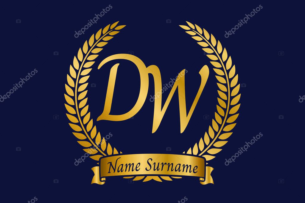 Initial letter D and W, DW monogram logo design with laurel wreath. Luxury golden emblem with calligraphy font.