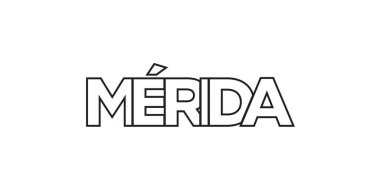 Meksika ambleminde parmak izi ve ağ için Merida. Tasarım, modern yazı tipinde cesur tipografiye sahip geometrik stil, vektör illüstrasyonuna sahiptir. Beyaz arkaplanda izole edilmiş grafiksel slogan harfleri.