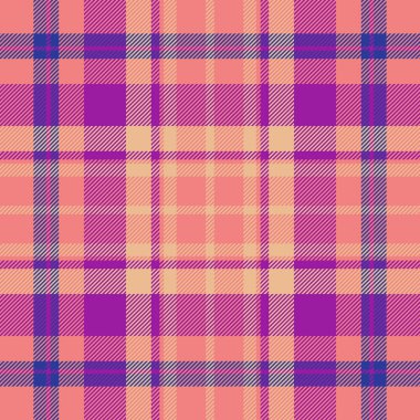 Grafik arkaplan dokusu, kavisli kumaş deseni. Açık mercan ve mor renkte dikişsiz tartan vektörünü kontrol et.