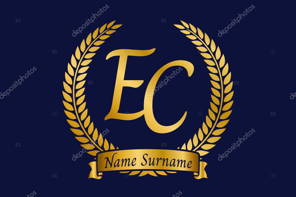 Initial letter E and C, EC monogram logo design with laurel wreath. Luxury golden emblem with calligraphy font.