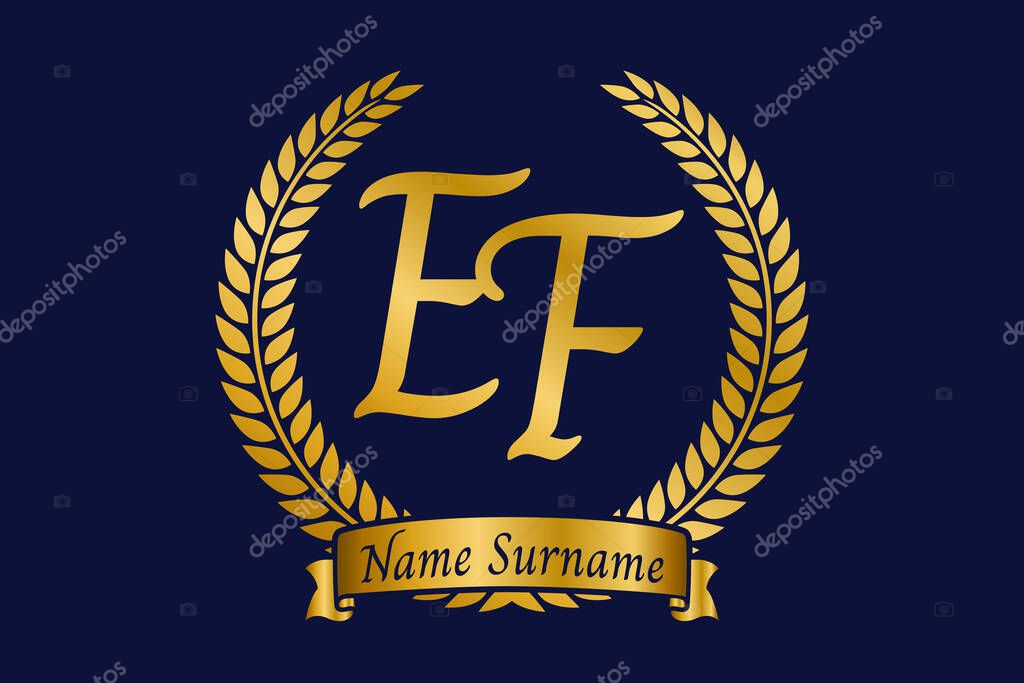 Initial letter E and F, EF monogram logo design with laurel wreath. Luxury golden emblem with calligraphy font.