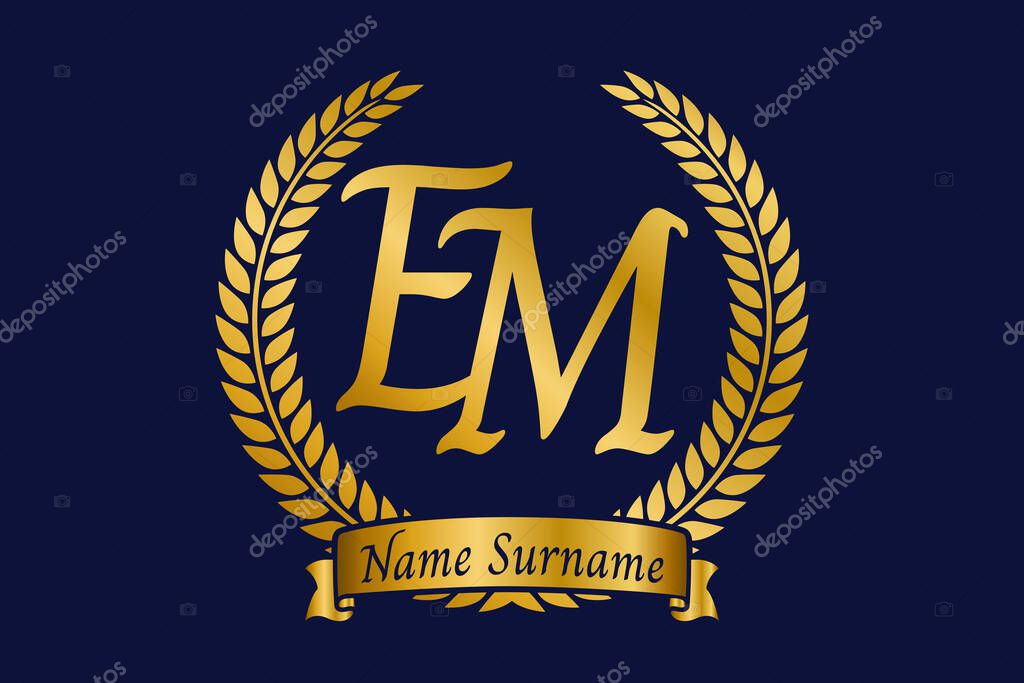 Initial letter E and M, EM monogram logo design with laurel wreath. Luxury golden emblem with calligraphy font.
