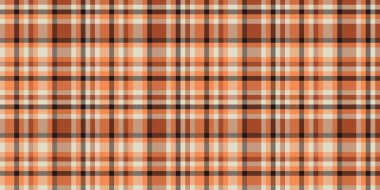 Geometrik vektör kumaş, çevrimiçi ekosesiz desen. Kalıpları turuncu ve açık renkli tartan arka plan kontrolüyle çiz.
