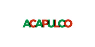 Meksika ambleminde Acapulco baskı ve ağ için. Tasarım, modern yazı tipinde cesur tipografiye sahip geometrik stil, vektör illüstrasyonuna sahiptir. Beyaz arkaplanda izole edilmiş grafiksel slogan harfleri.