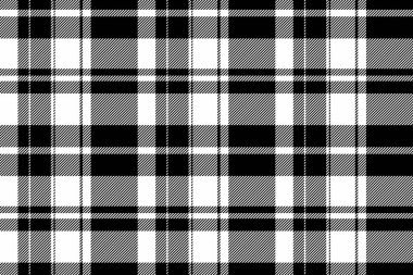 Şapka tekstil arka plan vektörü, kusursuz ekose tartan. Kalıp dokusu siyah ve beyaz renklerde kuruluyor.
