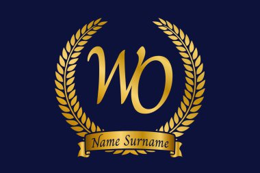 İlk harf W ve O, WO monogram logo tasarımı defne çelengi. Kaligrafi yazı tipli lüks altın amblem.