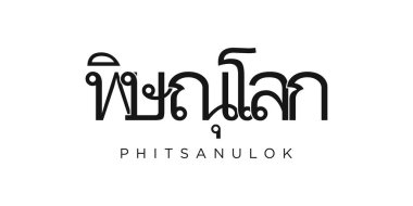 Tayland ambleminde Phitsanulok, baskı ve ağ için. Tasarım, modern yazı tipinde cesur tipografiye sahip geometrik stil, vektör illüstrasyonuna sahiptir. Beyaz arkaplanda izole edilmiş grafiksel slogan harfleri.