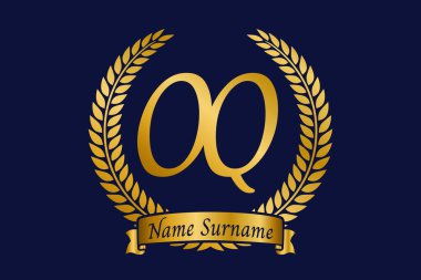 Baş harf O ve Q, OQ monogram logo tasarımı ve defne çelengi. Kaligrafi yazı tipli lüks altın amblem.