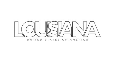 Louisiana, ABD tipografi sloganı. Baskı ve web ürünleri için grafik şehir harfleriyle Amerika logosu.