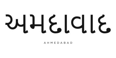 Hindistan 'daki Ahmedabad amblemi, baskı ve ağ için. Tasarım, modern yazı tipinde cesur tipografiye sahip geometrik stil, vektör illüstrasyonuna sahiptir. Beyaz arkaplanda izole edilmiş grafiksel slogan harfleri.