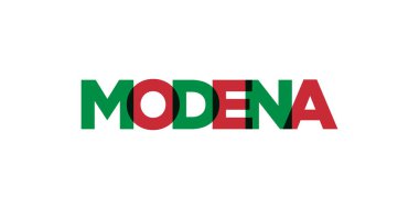 Modena, İtalya ambleminde baskı ve ağ anlamına gelir. Tasarım, modern yazı tipinde cesur tipografiye sahip geometrik stil, vektör illüstrasyonuna sahiptir. Beyaz arkaplanda izole edilmiş grafiksel slogan harfleri.