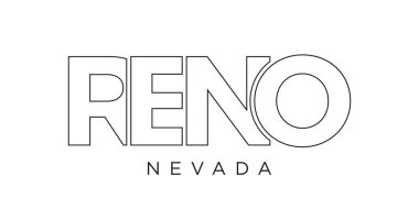 Reno, Nevada, ABD tipografi sloganı. Baskı ve web ürünleri için grafik şehir harfleriyle Amerika logosu.