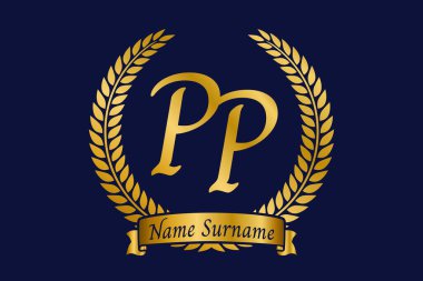 Baş harf P ve P, PP monogram logo tasarımı defne çelengi. Kaligrafi yazı tipli lüks altın amblem.