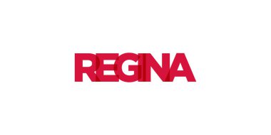 Regina Kanada ambleminde baskı ve web için. Tasarım, modern yazı tipinde cesur tipografiye sahip geometrik stil, vektör illüstrasyonuna sahiptir. Beyaz arkaplanda izole edilmiş grafiksel slogan harfleri.