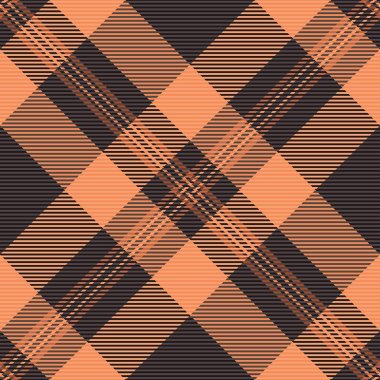 İndirim şablonu dokusu, karnaval kumaşı arka plan tekstili. Turuncu ve pastel renkli ekose tartan vektör yolu.