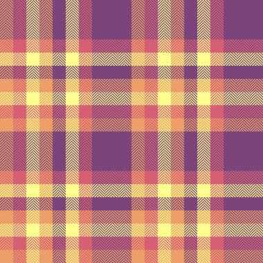 Dikensiz desenli ekoseli arka plan vektör tekstili. Mor ve turuncu renklerde tartan kumaşı kontrol ediliyor..