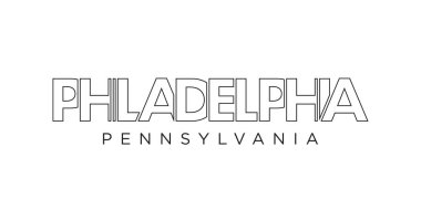 Philadelphia, Pennsylvania, ABD tipografi sloganı. Baskı ve web ürünleri için grafik şehir harfleriyle Amerika logosu.