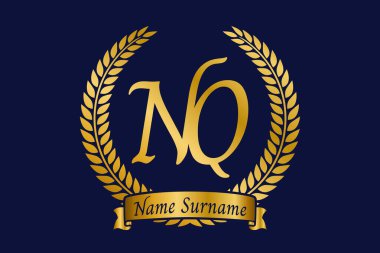 İlk harf N ve Q, NQ monogram logo tasarımı defne çelengi. Kaligrafi yazı tipli lüks altın amblem.
