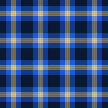 Dış doku arka plan vektörü, renkli tartan kumaşı. İzolasyonsuz ekoseli kumaş deseni mavi ve kehribar rengi..