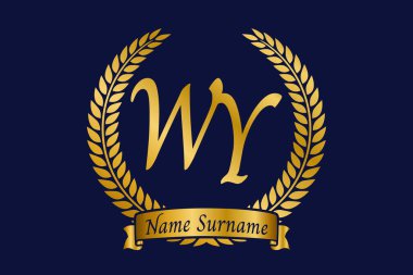 İlk harf W ve Y, WY monogram logo tasarımı defne çelengi. Kaligrafi yazı tipli lüks altın amblem.