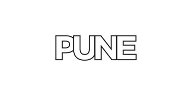 Hindistan ambleminde baskı ve ağ için Pune. Tasarım, modern yazı tipinde cesur tipografiye sahip geometrik stil, vektör illüstrasyonuna sahiptir. Beyaz arkaplanda izole edilmiş grafiksel slogan harfleri.