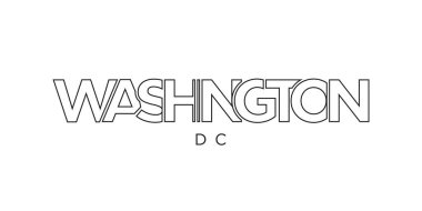 Washington, DC, ABD tipografi sloganı. Baskı ve web ürünleri için grafik şehir harfleriyle Amerika logosu.