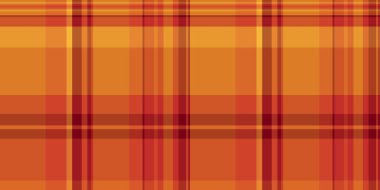 Sıralı kumaş dokusu vektörü, çapraz ekose desenli, dikişsiz. Makine tekstil arkaplan kontrolü turuncu ve kırmızı renkte tartan.