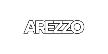 İtalya ambleminde parmak izi ve ağ için Arezzo. Tasarım, modern yazı tipinde cesur tipografiye sahip geometrik stil, vektör illüstrasyonuna sahiptir. Beyaz arkaplanda izole edilmiş grafiksel slogan harfleri.