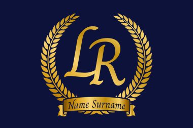 İlk harf L ve R, LR monogram logo tasarımı defne çelengi. Kaligrafi yazı tipli lüks altın amblem.